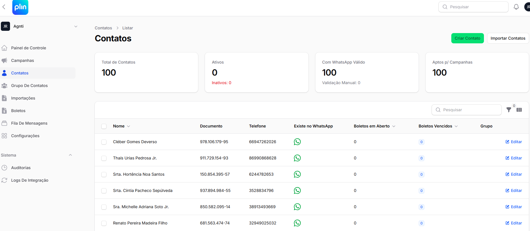 Base de contatos e associados no Plin